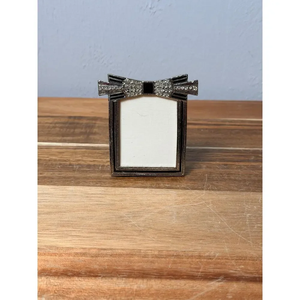 Vintage Art Deco Rhinestone Bow Picture Frame, Silver Tone Black Enamel